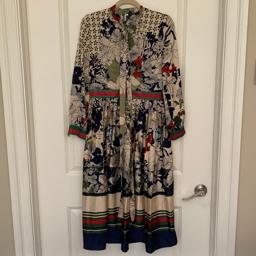 Dalia Macphee tie neck printed midi dress